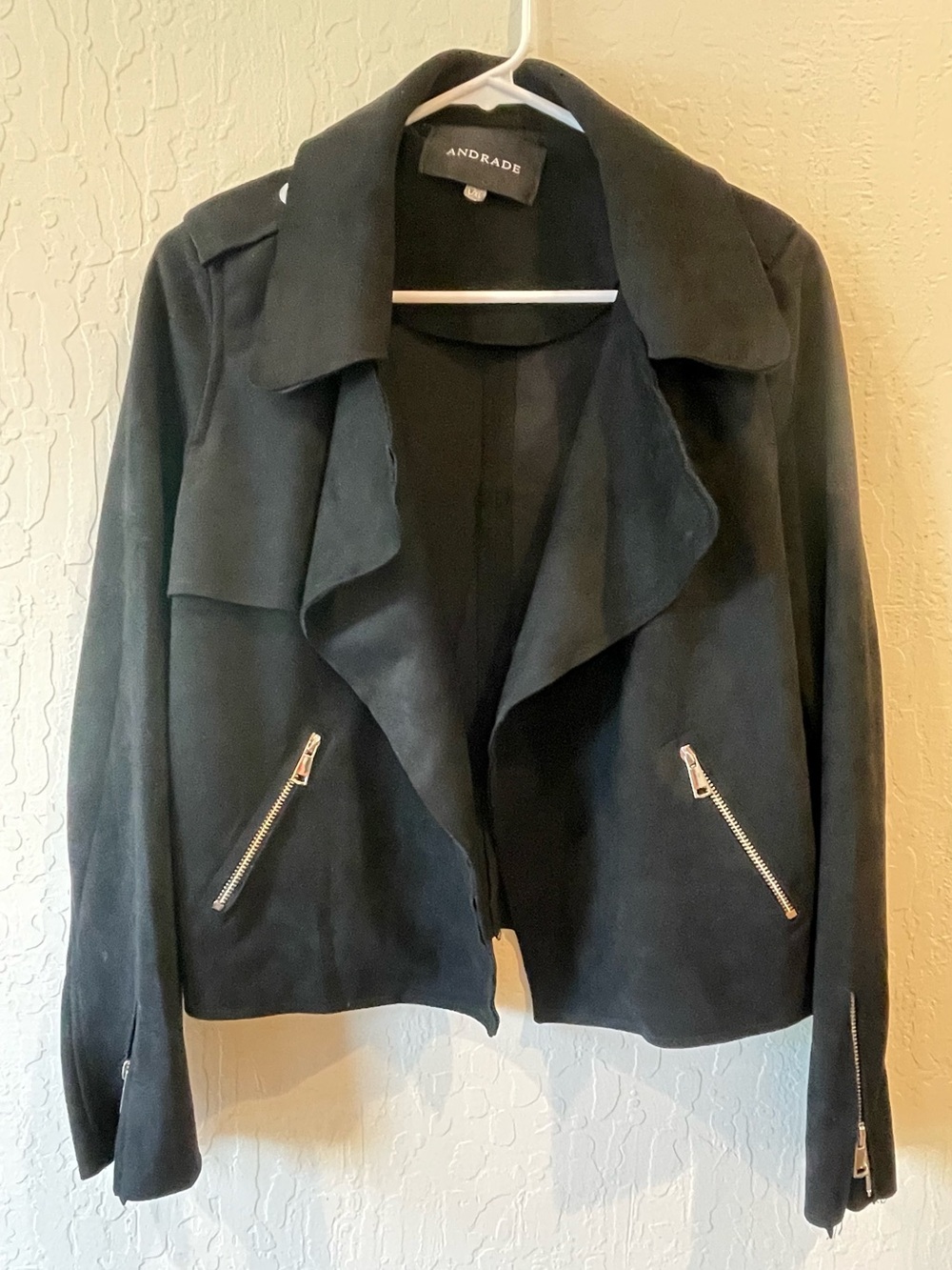 Black Suede Open-Front Moto-Style Blazer Jacket